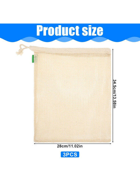Paquete de 3 Bolsas Reutilizables de Algodón 33x28 cm
