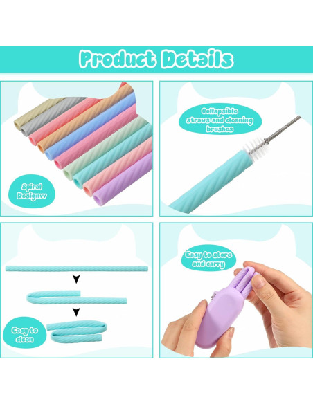50 Pajitas de Silicona Reutilizables Rtteri con Estuche y Cepillos