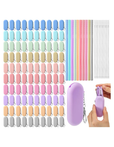 100 Pajitas Reutilizables de Silicona Rtteri con Estuche y Cepillos