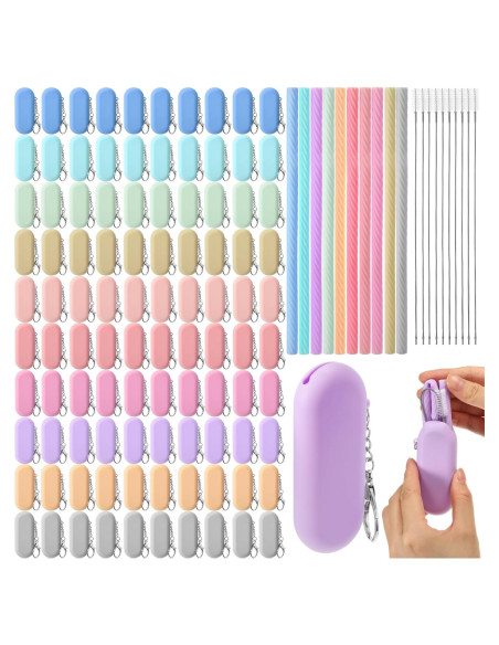 100 Pajitas Reutilizables de Silicona Rtteri con Estuche y Cepillos