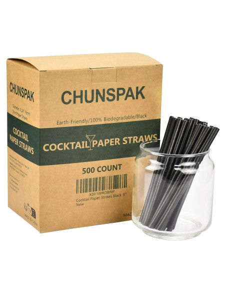 Popotes de papel Chunspak 5" negros biodegradables - 500 unidades