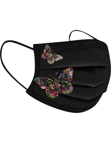 50 Mascarillas Desechables Negras 3 Capas Mariposa Adulto