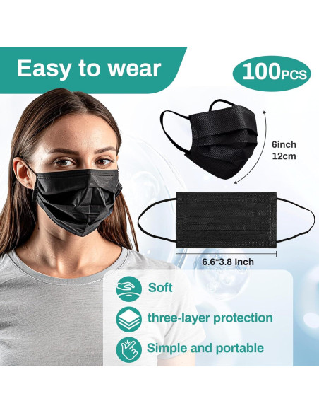 Mascarillas Desechables Negras 3 Capas MAQIHAN 100 Pcs
