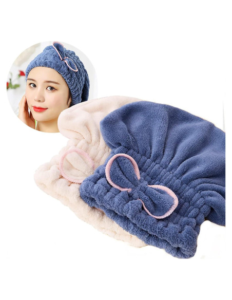 Gorras de Secado de Cabello Jseng Microfibra 2 Piezas Azul-Beige