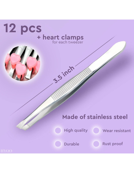 Juego de 12 Pinzas de Acero Inoxidable HYQO para Cejas
