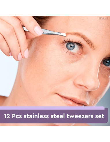 Juego de 12 Pinzas de Acero Inoxidable HYQO para Cejas