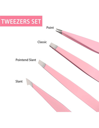 Juego de Pinzas de Acero Inoxidable Tirdkid 4 Piezas Rosa