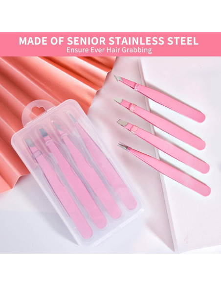Juego de Pinzas de Acero Inoxidable Tirdkid 4 Piezas Rosa