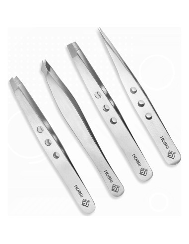 Juego de Pinzas de Acero Inoxidable Hobri - 4 Piezas con Estuche