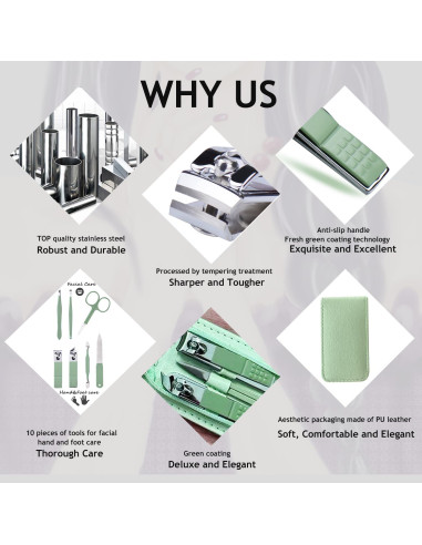 Kit de Manicura 7 Piezas HANTEKAS Acero Inoxidable Verde