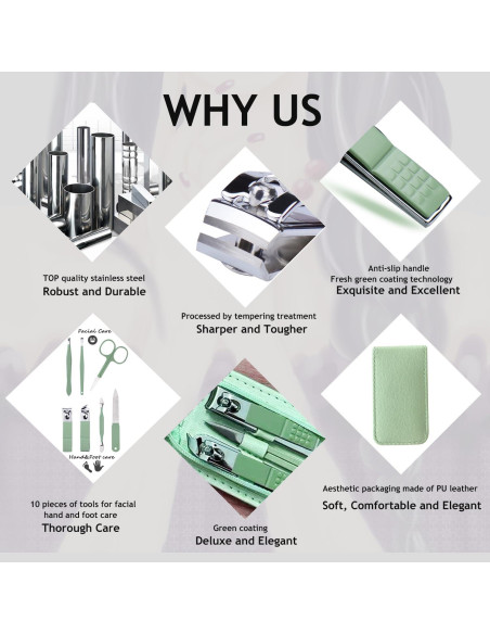 Kit de Manicura 7 Piezas HANTEKAS Acero Inoxidable Verde