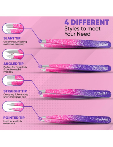 Juego de Pinzas 4 en 1 ASHNUR Beauty Acero Inoxidable Rosa