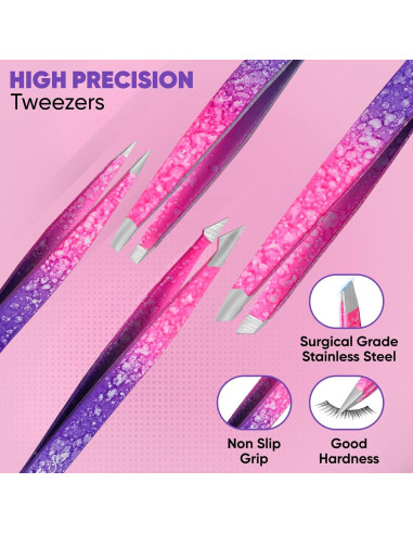 Juego de Pinzas 4 en 1 ASHNUR Beauty Acero Inoxidable Rosa