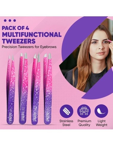 Juego de Pinzas 4 en 1 ASHNUR Beauty Acero Inoxidable Rosa
