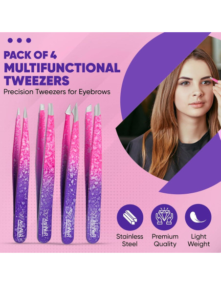 Juego de Pinzas 4 en 1 ASHNUR Beauty Acero Inoxidable Rosa
