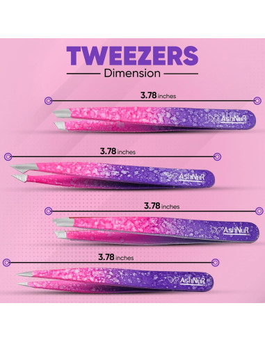 Juego de Pinzas 4 en 1 ASHNUR Beauty Acero Inoxidable Rosa