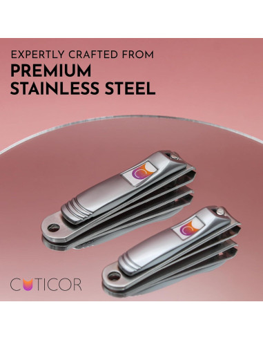 CUTICOR Juego de Cortauñas de Acero Inoxidable - 2 Piezas Compactas para Manos y Pies con Estuche de Viaje