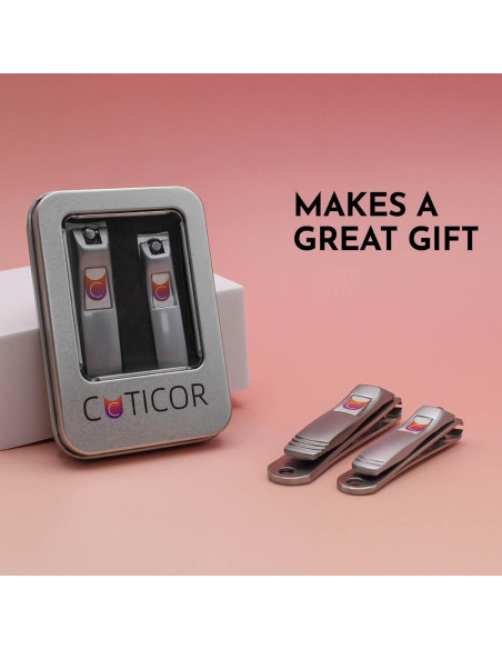 CUTICOR Juego de Cortauñas de Acero Inoxidable - 2 Piezas Compactas para Manos y Pies con Estuche de Viaje