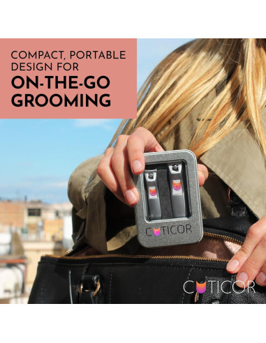 CUTICOR Juego de Cortauñas de Acero Inoxidable - 2 Piezas Compactas para Manos y Pies con Estuche de Viaje