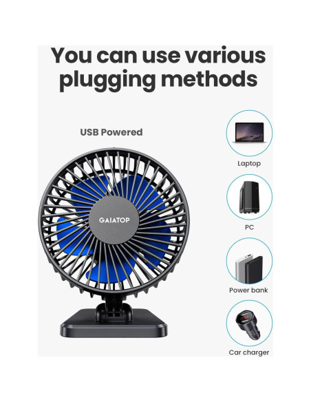 Gaiatop Ventilador de Escritorio USB 3 Velocidades Azul