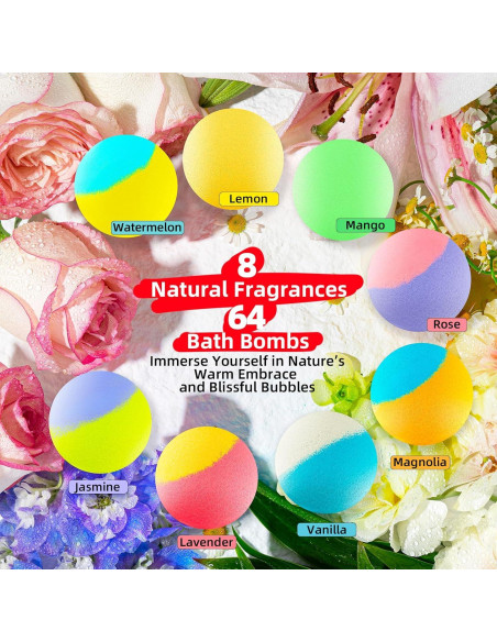 Paquete de 64 Bombas de Baño Naturales SudsyRoar - 8 Aromas