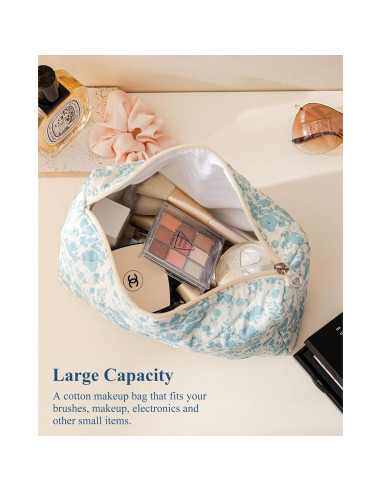 Bolsa de Maquillaje Acolchada HBselect Floral Azul Mediana