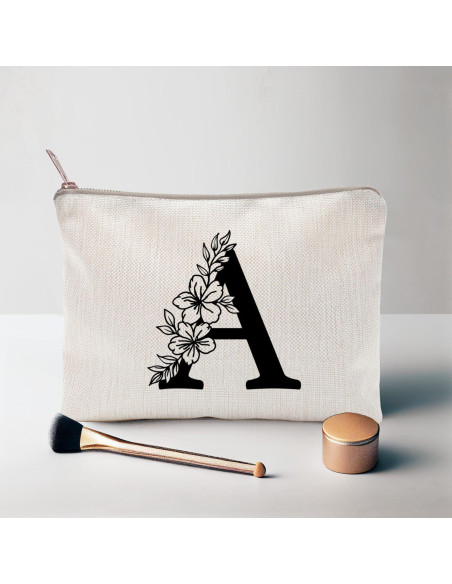 Bolsa de Maquillaje Personalizada Floral Lino Natural 22.86x17.27cm
