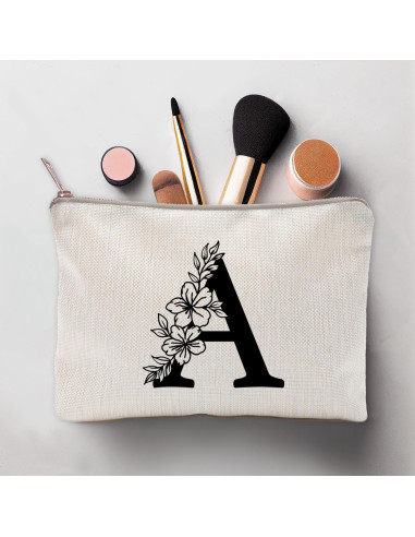 Bolsa de Maquillaje Personalizada Floral Lino Natural 22.86x17.27cm