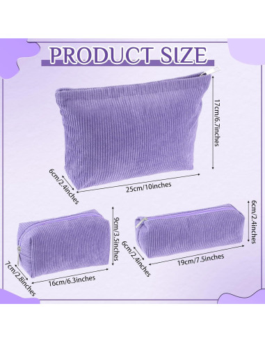Juego de 3 Bolsas de Maquillaje Huhumy Corduroy Púrpura