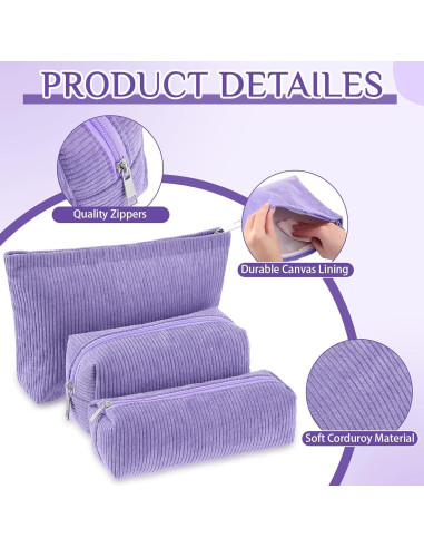 Juego de 3 Bolsas de Maquillaje Huhumy Corduroy Púrpura