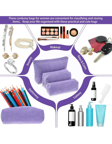 Juego de 3 Bolsas de Maquillaje Huhumy Corduroy Púrpura