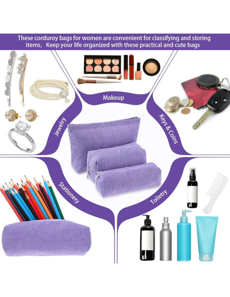Juego de 3 Bolsas de Maquillaje Huhumy Corduroy Púrpura