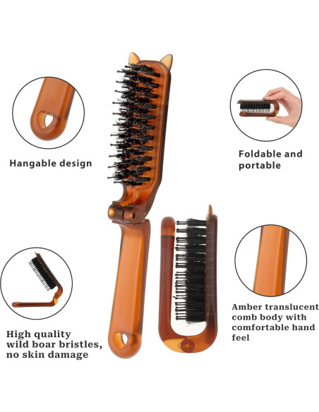 Cepillo de cabello plegable Sliverdew, 2 piezas, viaje, cerdas de jabalí Cepillo de cabello plegable Sliverdew, 2 piezas, viaje, cerdas de jabalí