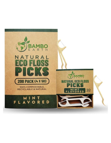 Palillos de Hilo Dental Ecológicos BAMBOEARTH 200 Unidades Menta