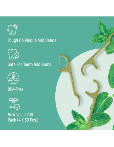 Palillos de Hilo Dental Ecológicos BAMBOEARTH 200 Unidades Menta