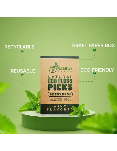 Palillos de Hilo Dental Ecológicos BAMBOEARTH 200 Unidades Menta