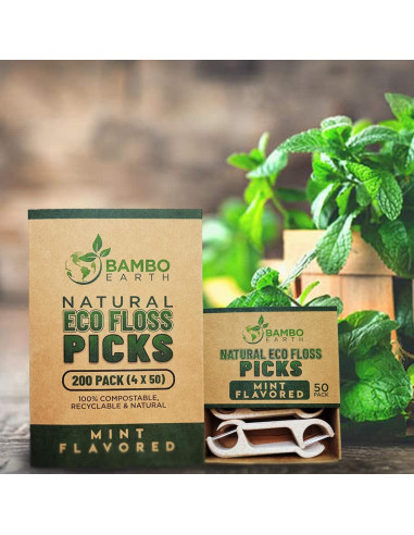 Palillos de Hilo Dental Ecológicos BAMBOEARTH 200 Unidades Menta
