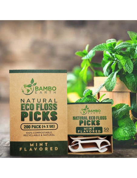 Palillos de Hilo Dental Ecológicos BAMBOEARTH 200 Unidades Menta
