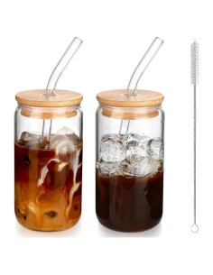 Set de 2 Tazas de Vidrio con Tapa y Popote 16 oz DWTS