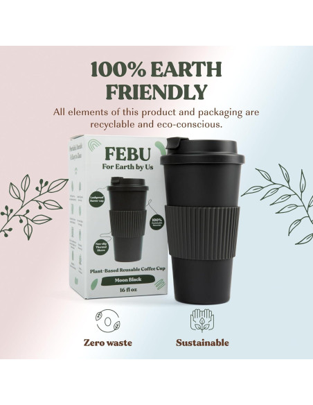 Taza de café reutilizable FEBU 16oz negra a prueba de fugas