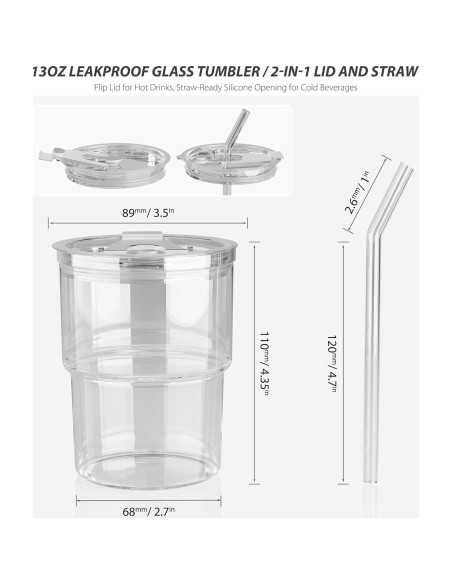 Taza de vidrio 400ml CeleVista con tapa y popote reutilizable