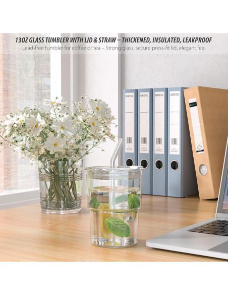 Taza de vidrio 400ml CeleVista con tapa y popote reutilizable