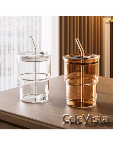 Taza de vidrio 400ml CeleVista con tapa y popote reutilizable