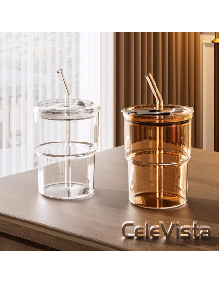 Taza de vidrio 400ml CeleVista con tapa y popote reutilizable