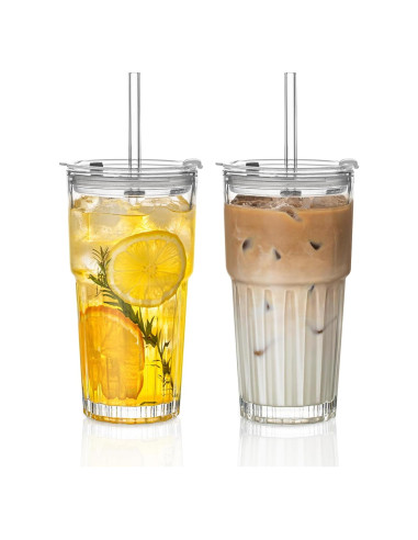 Juego de 2 Vasos de Vidrio INSETLAN 600 ml con Tapas y Pajitas