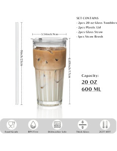 Juego de 2 Vasos de Vidrio INSETLAN 600 ml con Tapas y Pajitas 2