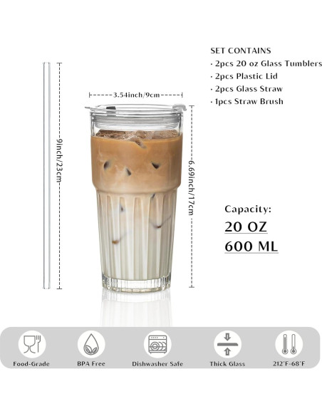 Juego de 2 Vasos de Vidrio INSETLAN 600 ml con Tapas y Pajitas