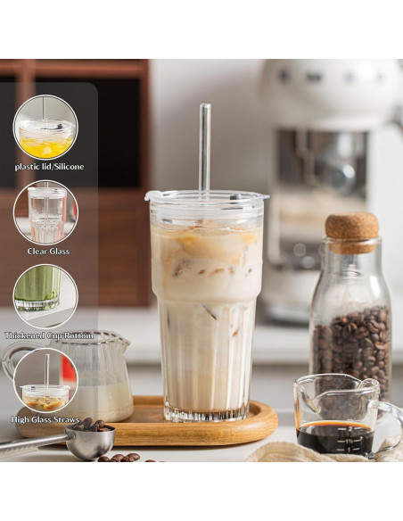 Juego de 2 Vasos de Vidrio INSETLAN 600 ml con Tapas y Pajitas