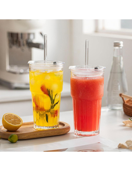 Juego de 2 Vasos de Vidrio INSETLAN 600 ml con Tapas y Pajitas