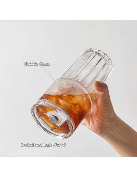 Juego de 2 Vasos de Vidrio INSETLAN 600 ml con Tapas y Pajitas